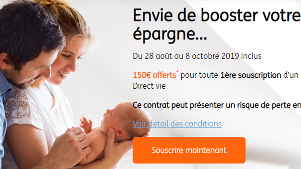 Assurance-Vie ING Direct Vie : 150€ offerts pour 300€ versés, jusqu'au 8 octobre 2019