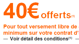 Assurance-Vie ING Direct Vie : 40€ offerts aux clients actuels, en cas d'un versement libre de 4.000€, valable jusqu'au 3 juillet 2018
