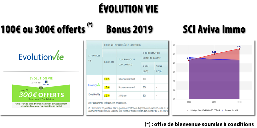 Assurance-vie Évolution Vie (Aviva), 3 bons plans en 1 : prime jusqu'à 300€, bonus de rendement 2019 et SCI Assurance-vie Évolution Vie (Aviva), 3 bons plans en 1 : prime jusqu'à 300€, bonus de rendement 2019 et SCI