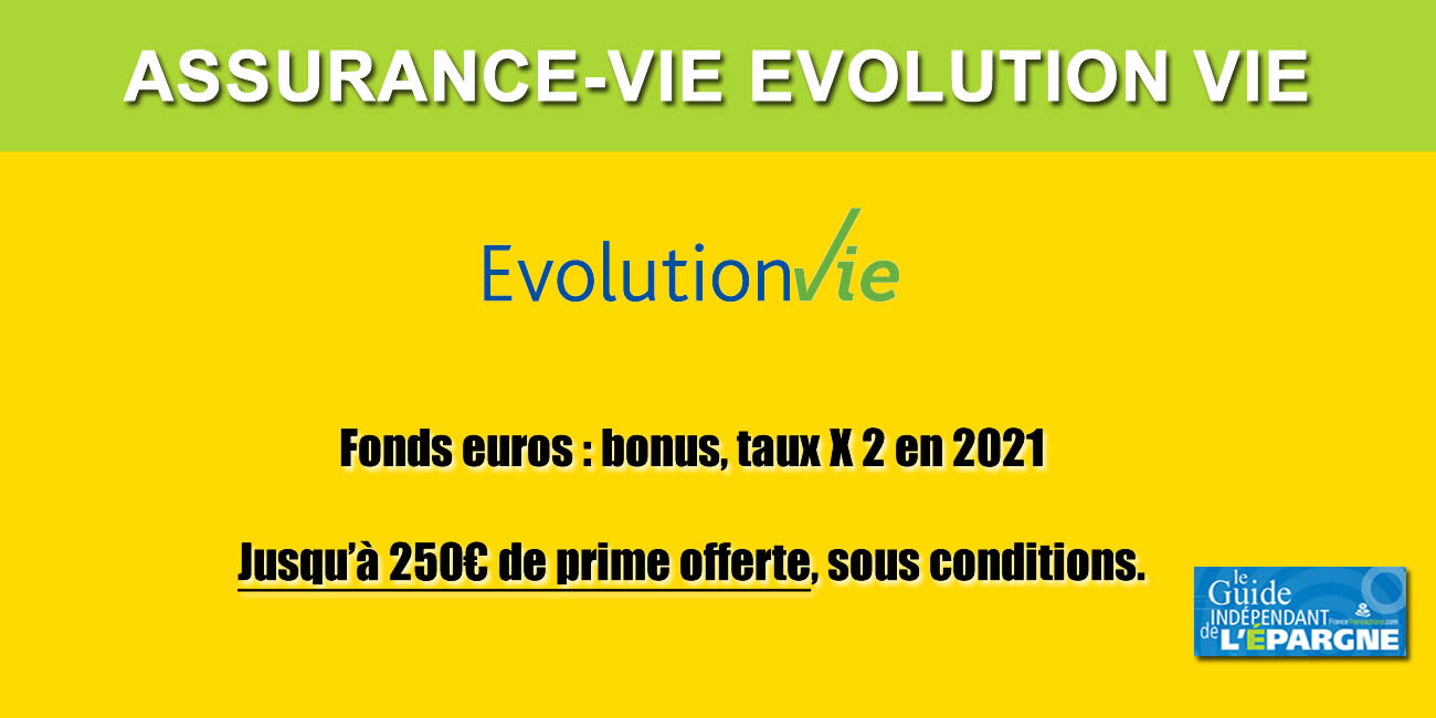 Assurance-Vie Évolution Vie : 100 ou 250 euros offerts et taux fonds euros multiplié par 2, à saisir avant le 3 août 2021 ! Assurance-Vie Évolution Vie : 100 ou 250 euros offerts et taux fonds euros multiplié par 2, à saisir avant le 3 août 2021 !