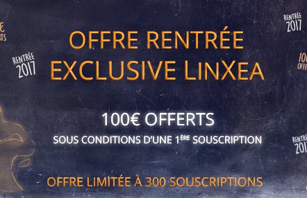 100€ offerts sur le contrat d'assurance-vie Linxea Avenir jusqu'au 1er novembre 2017 100€ offerts sur le contrat d'assurance-vie Linxea Avenir jusqu'au 1er novembre 2017