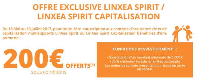 Offre exclusive Linxea Spirit / Spirica : 200€ offerts pour 5.000€ versés, sous conditions Offre exclusive Linxea Spirit / Spirica : 200€ offerts pour 5.000€ versés, sous conditions